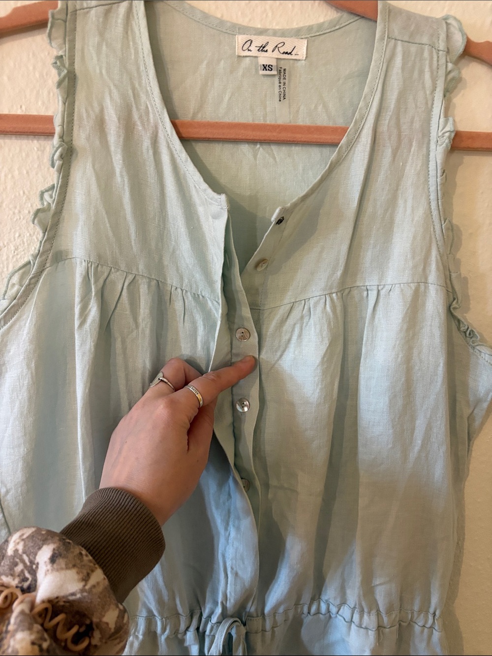 On The Road Light Blue Linen Sleeveless Button-Front Jumpsuit with Drawstring